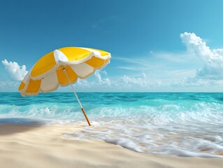 A yellow and white beach umbrella on a sandy beach with ocean waves and a blue sky with clouds view