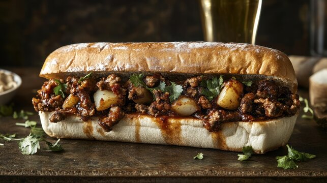 Pambazo sandwich with red chile-soaked bread, potatoes, and sausage filling