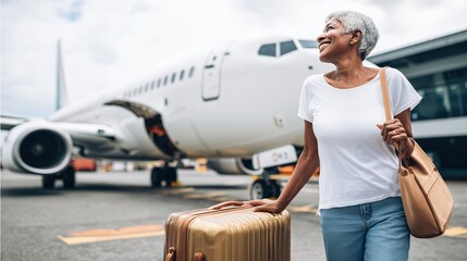 Confident elderly Black woman with short hair stands smiling by airplane steps on the runway,