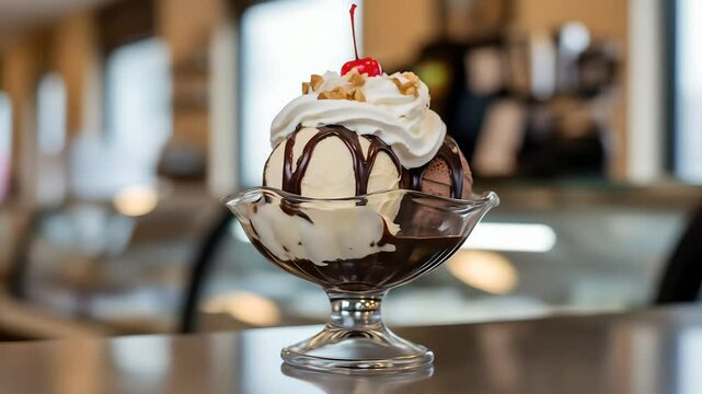 Ice cream sundae with chocolate syrup, nuts, and cherry. Dessert for restaurant menu, sweet treat blog, dessert parlor ad. Gourmet indulgence in a bowl. 