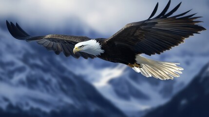 White-headed eagle flying between mountain peaks with dramatic lighting