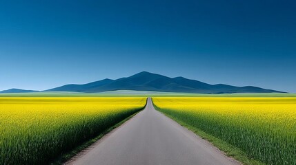 A serene road leads through vibrant yellow fields to distant mountains.