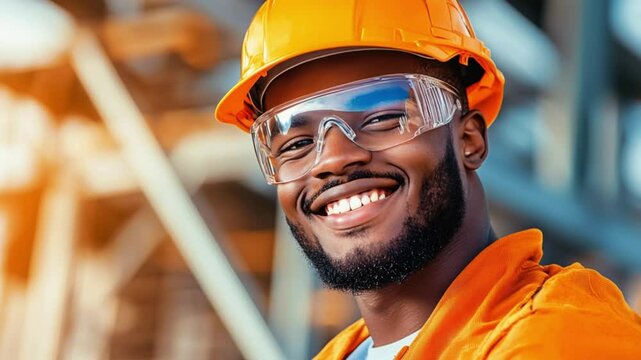 Smiling Engineer: A video of a content engineer in vibrant safety gear, embodies reliability and expertise. bathed in warm light in an industrial setting.