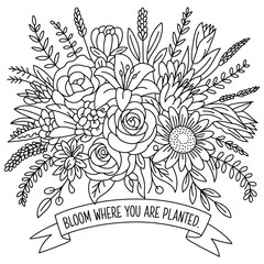 Fototapeta premium Hand drawn sketch flowers and Vector illustration, Botanical arts. Hand drawn continuous line drawing of abstract flower, floral, rose, tropical leaves, spring