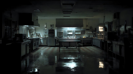 Dimly lit commercial kitchen with stainless steel appliances