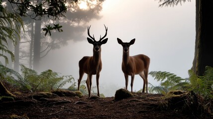 The silhouettes of a stag and a doe standing close together in a misty forest clearing at dawn