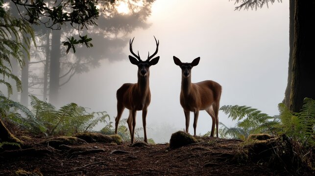 The silhouettes of a stag and a doe standing close together in a misty forest clearing at dawn