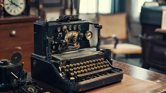 Morse code tapper sitting on wooden desk in an antique office setting with vintage decorations, Morse Code Tapper On Desk