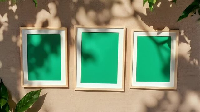 Picture Frames on Wall with Sunlight and Leaves Overlay