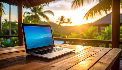 Laptop on Wooden Desk in Tropical Sunlight.concepts, desk, horizontal, indoors, internet, laptop, photography, working, computer monitor, copy space, office, business, business person, communication, 