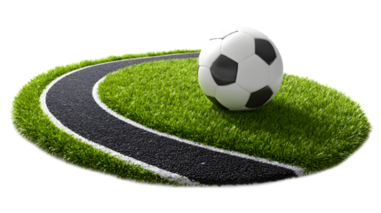 Soccer Ball on Green Grass Beside a Circular Road Track
