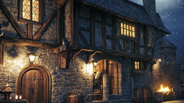 Medieval tavern exterior illuminated by a gentle glow under a night sky, Medieval tavern exterior at night with simple lighting ing time lapse background