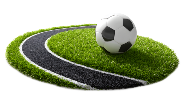 Soccer Ball on Green Grass Beside a Circular Road Track