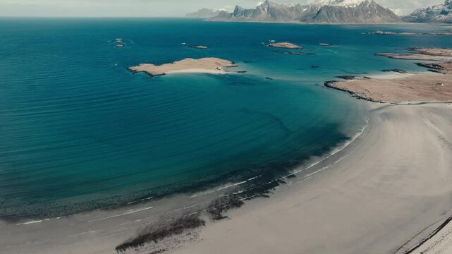 Aerial View Of Yttersand Beach In Lofoten, Norway - Drone Shot