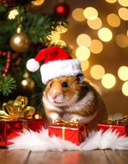 Christmas hamster with santa hat and christmas tree