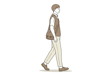 Young Man Walking in Casual Fashion with Shoulder Bag, Daily Commute and Urban Lifestyle. Hand drawn style vector design illustrations.