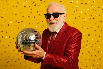 Elderly caucasian male in red suit holding disco ball with yellow confetti background
