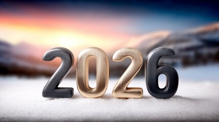 Frosty 2026 digits in snowy winter landscape at sunrise