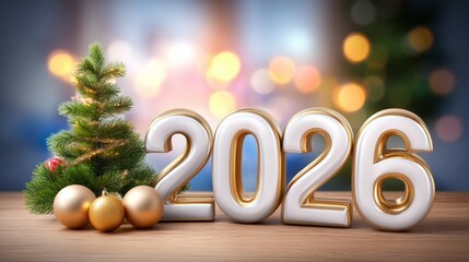 Festive new year 2026 celebration with pine tree and golden ornaments