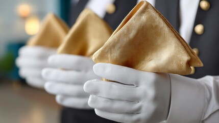 Close-up of waitstaff holding elegant gold napkins in white gloves
