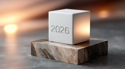 White cube displaying 2026 on stone base with warm lighting