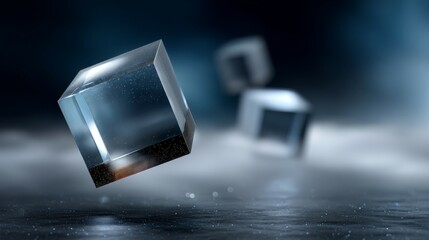 Floating glass cubes in misty atmosphere with sparkling light effects