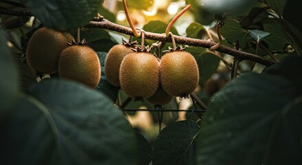 Close-up of ripe kiwis growing on a branch with lush green leaves in the sunlight
