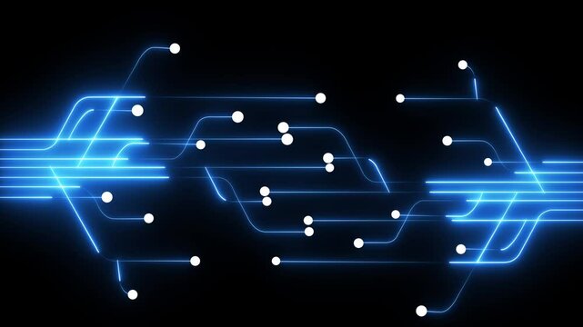 Animated Glowing neon circuit animation on black background. showcases the core of modern technology.  magnified view of a computer circuit board illuminated by Futuristic glowing  circuit 