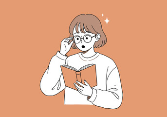  Surprised Young Woman Reading a Book with Glasses, Discovering New Knowledge and Engaging with Literature. Hand drawn style vector design illustrations.