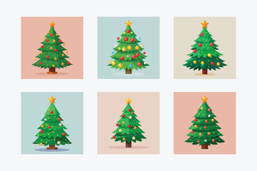 Collection of six christmas trees on colored backgrounds