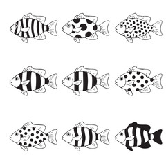 set of black and white fish vector
