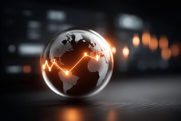 Conceptual image of a glowing globe surrounded by data lines, stock market symbols, and currency signs, on a dark abstract background, high-tech style