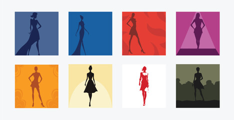 Fashion show silhouettes in colorful square backgrounds
