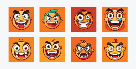 Collection of cartoon monster faces on orange backgrounds