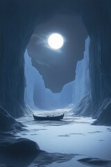 Moonlit cave, boat, icy landscape