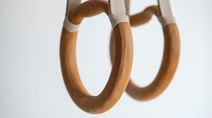 Close-up of wooden gymnastic rings hanging against a white background.