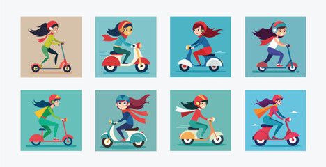 Illustrations of girls riding scooters in various styles