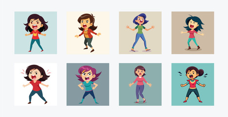 Various cartoon angry women in different poses and colors