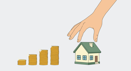 Hand Protecting House with Growing Coin Stacks, Real Estate Investment, Property Security, and Financial Growth. Hand drawn style vector design illustrations.