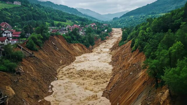 Landslide aftermath reveals devastation in mountainous region after heavy rainfall, landslide natural disaster, footage, videos