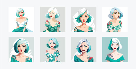 Fototapeta premium Illustrations of women with teal hair and floral tattoos