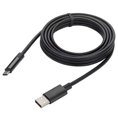 High-resolution image of a coiled black USB-C charging cable with reinforced tips, cleanly arranged, isolated on transparent background