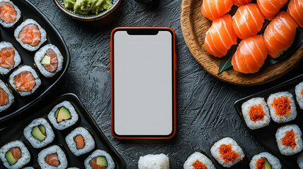 Modern smartphone with blank display stands next to an assortment of sushi dishes