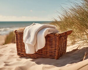 Wicker basket with white cloth on sandy beach near ocean and dune grass in bright sunlight day view