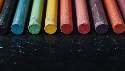 Row of colorful chalk pieces on dark surface