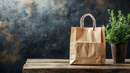 Neutral-toned reusable paper bag placed on a wooden table. Suitable for eco-friendly usage