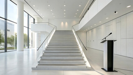 Fototapeta premium Modern White Interior Grand Staircase Design with Natural Light for Luxury Home or Office