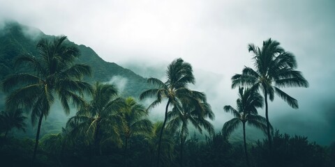 Foggy mountains in Hawaii, palm trees, nature photography, low-angle shot, cinematic, moody, dark tones, cloudy sky, misty, foggy, gray and green colors. 