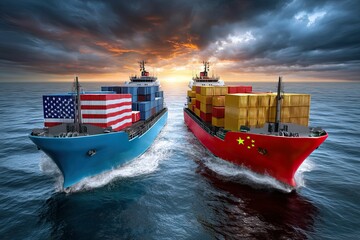 Two cargo ships head-on, flags of USA and China, cloudy sunset background