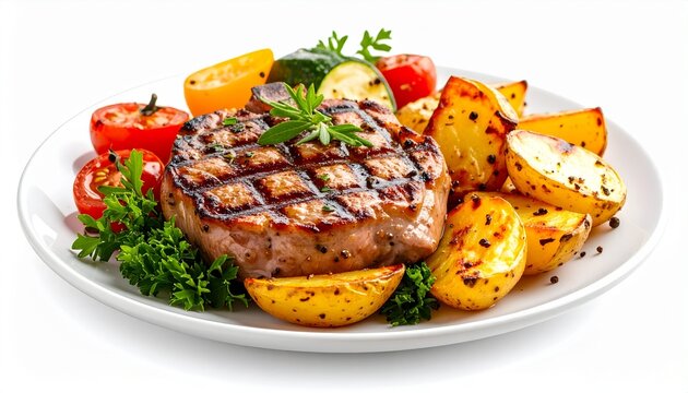 Delicious grilled pork chop with roasted potatoes and fresh vegetables
- Powered by Adobe